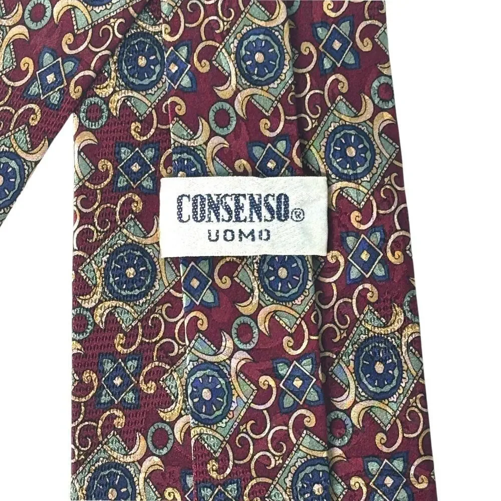 Consenso Uomo Hand Sewn Silk Tie Maroon Blue Green Cream Print
